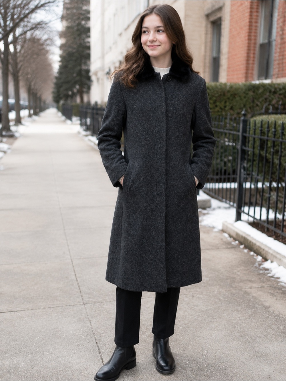 Rothschild Girls Size 16 Charcoal Wool Coat Faux Fur Collar Long Dress Coat